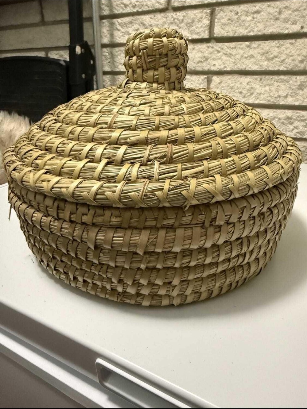 Handwoven Natural Straw Lidded Basket - Bread Warmer with stone
